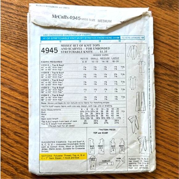 Vintage 1970s McCalls 4945 Sewing Pattern Size M Blouse & Scarves COMPLETE - Picture 2 of 2